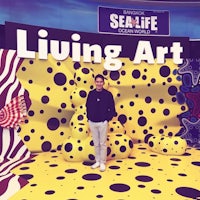 a man standing in front of a living art display